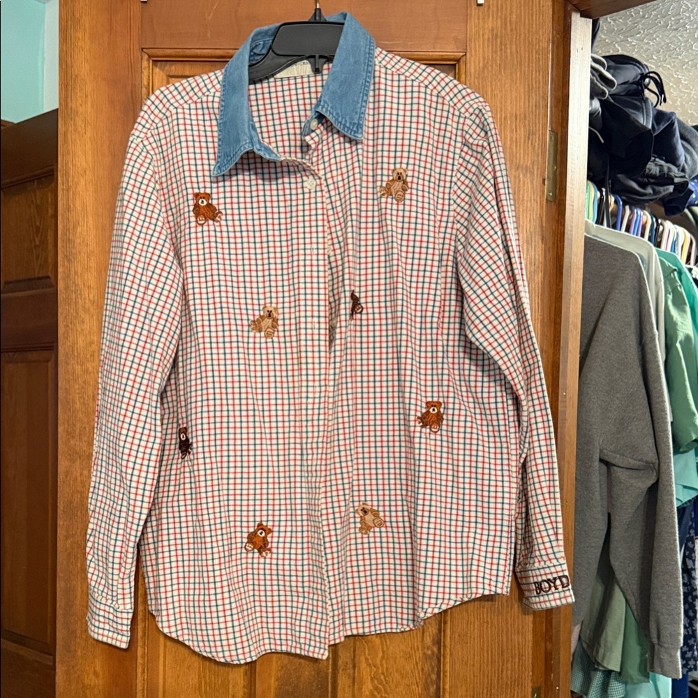 Womens Checkered Shirt with Denim Collar and Embroidered Bear Accents